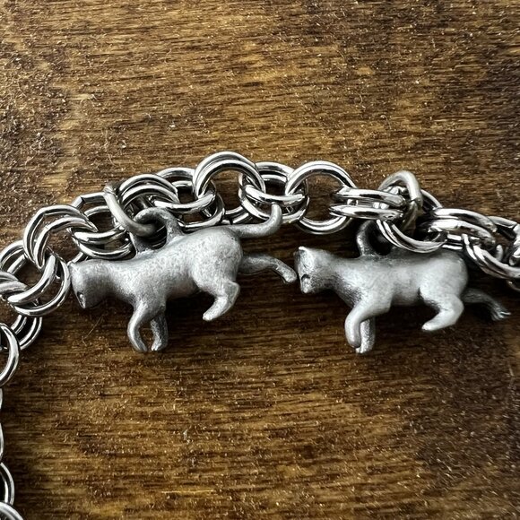 Double Ring Silver Chain Bracelet with 5 Cat Charms - Picture 3 of 4